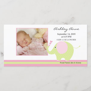 Pink Elephant Baby Girl Birth Annoucement Announcement