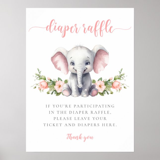 Pink Elephant Baby Girl Shower Diaper Raffle Poster (Front)