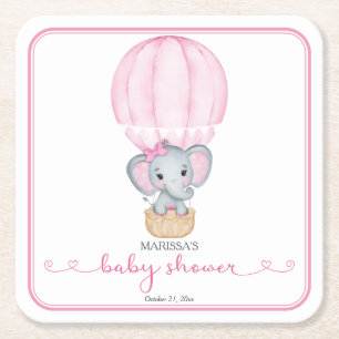 Pink Elephant Baby Girl Shower Square Paper Coaster