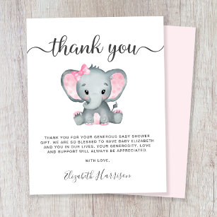 Pink Elephant Baby Girl Shower Thank You Card