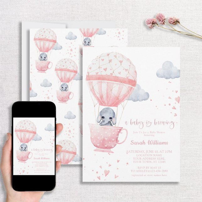 Pink Elephant Baby is Brewing Baby Shower Invitation (Creator Uploaded)