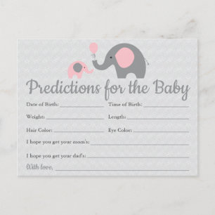 Pink Elephant Baby Predictions Cards Baby Shower