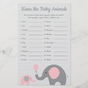 Pink Elephant Baby Shower Baby Animal Name Game Flyer
