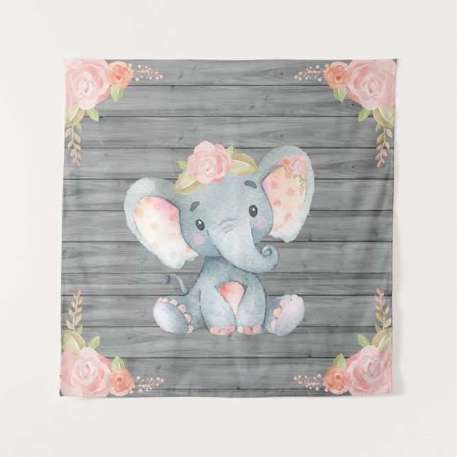 Pink Elephant Baby Shower Backdrop Tapestry (Front)