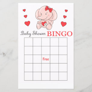 Pink elephant baby shower bingo card