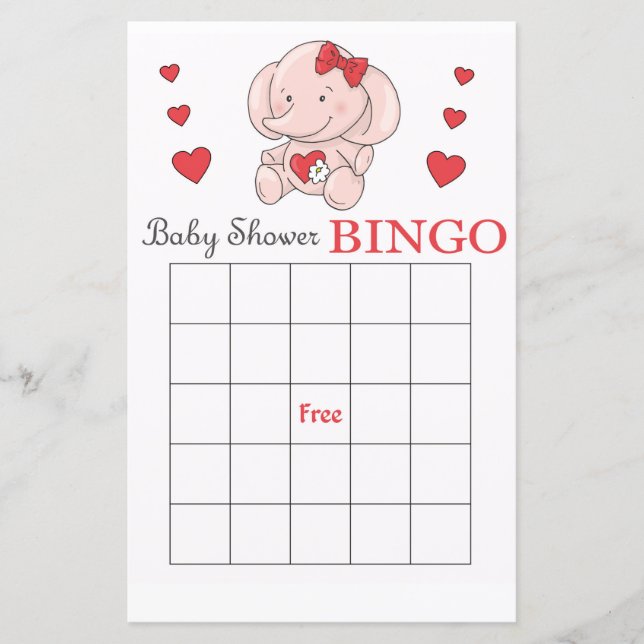 Pink elephant baby shower bingo card (Front)