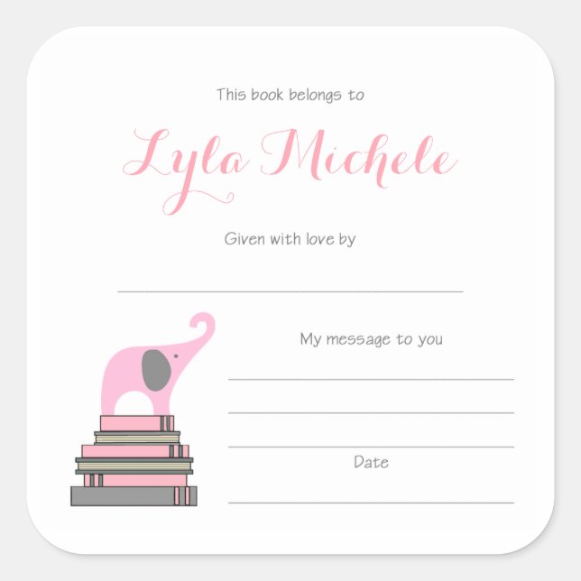 Pink Elephant baby shower bookplate Square Sticker (Front)