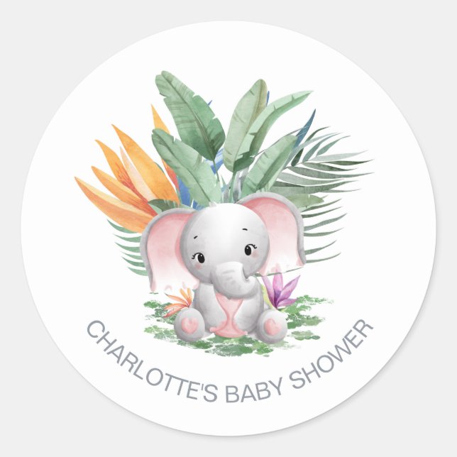 Pink Elephant Baby Shower Classic Round Sticker (Front)