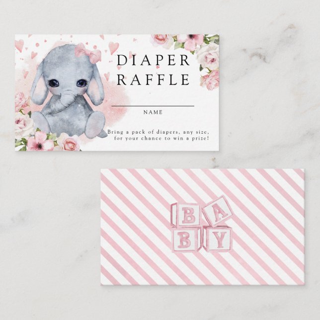 Pink Elephant Baby Shower Diaper Raffle Enclosure Card (Front/Back)