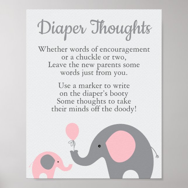 Pink Elephant Baby Shower Diaper Thoughts Sign (Front)