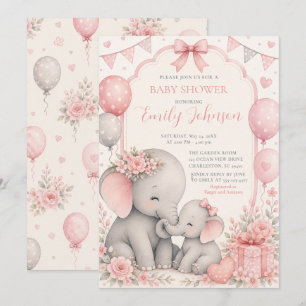 Pink Elephant Baby Shower Invitation