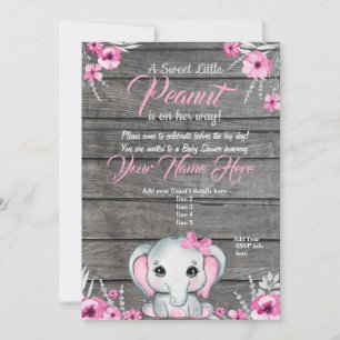Pink Elephant Baby Shower Invitation, rustic, girl Invitation
