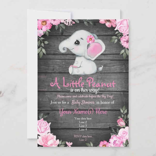 Pink  Elephant Baby Shower invitation, rustic Invitation (Front)