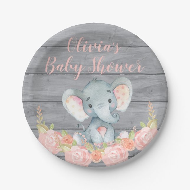 Pink Elephant Baby Shower Paper Plate (Front)