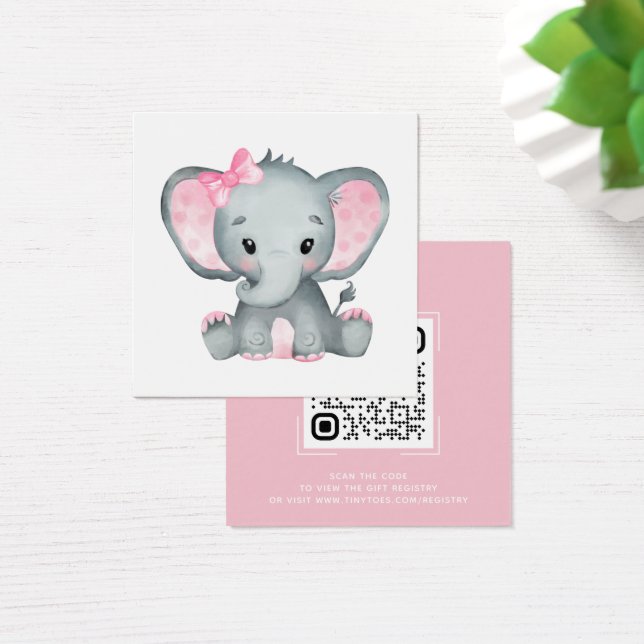 Pink Elephant Baby Shower Registry QR Code Card (Desk)
