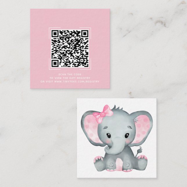 Pink Elephant Baby Shower Registry QR Code Card (Front/Back)