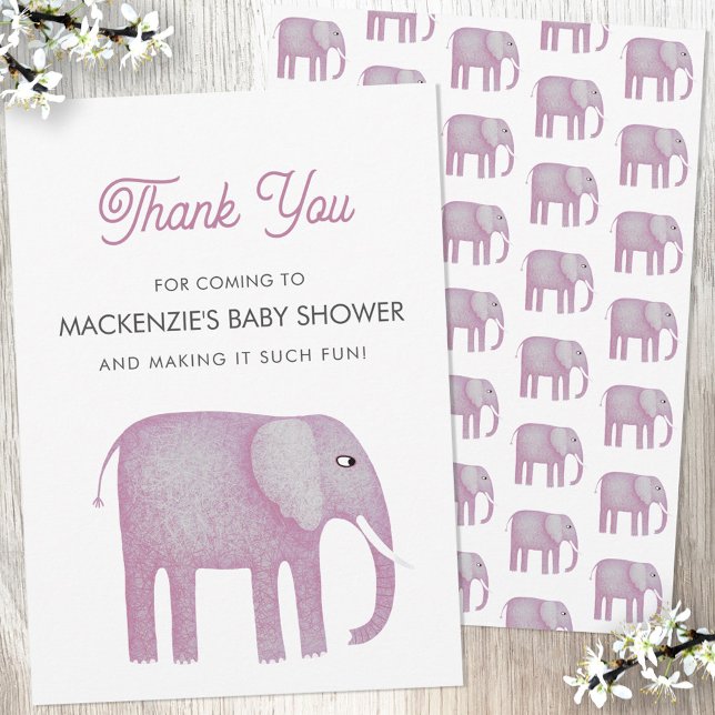 Pink Elephant Baby Shower Thank You Card (Pink watercolor elephant baby shower thank you card)
