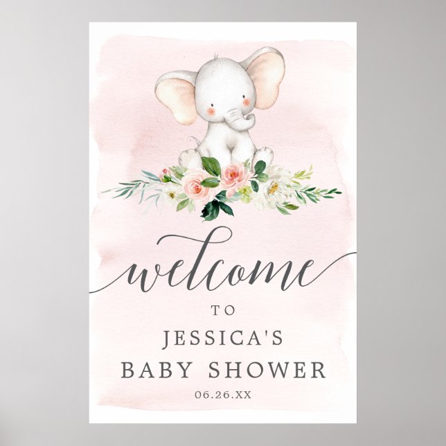Pink Elephant Baby Shower Welcome Sign (Front)