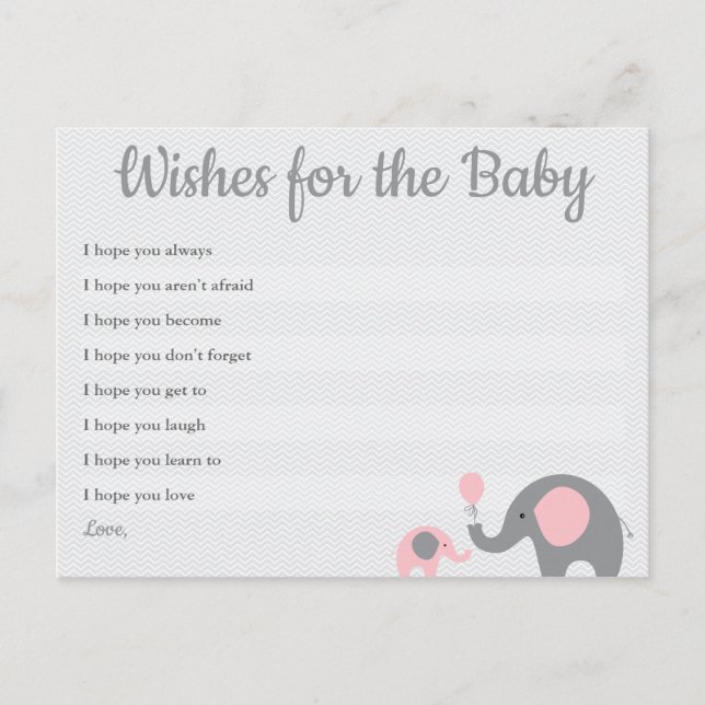 Pink Elephant Baby Shower Wishes for Baby Cards (Front)