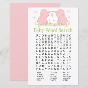 Pink Elephant Baby Shower Word Search Game