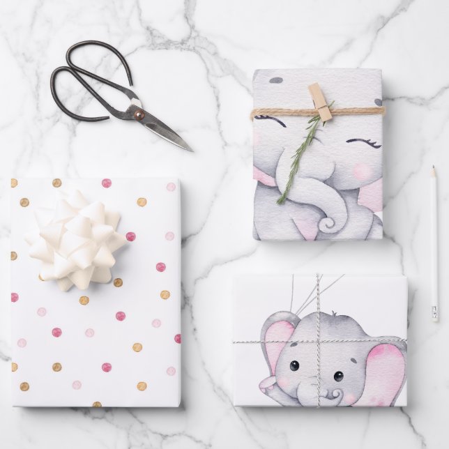 Pink Elephant Baby Shower  Wrapping Paper Sheet (Front)