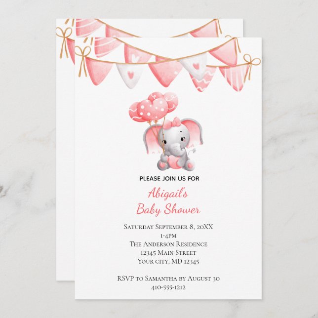 Pink Elephant Balloons Baby Shower Invitation (Front/Back)