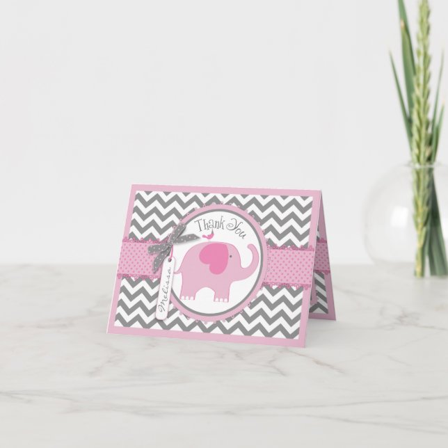 Pink Elephant Bird Chevron Print Thank You Card (Front)