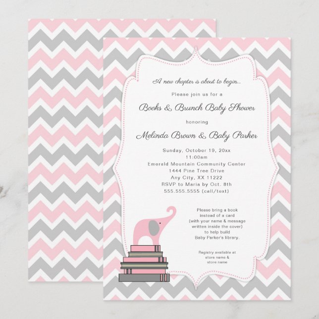 Pink Elephant Book Baby Shower, books and brunch Invitation (Front/Back)