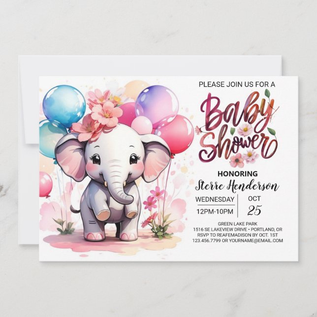 Pink Elephant Delight Baby Shower Invitation (Front)
