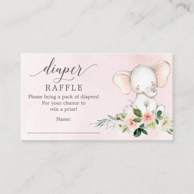 Pink Elephant Diaper Raffle Baby Shower Card (Front)