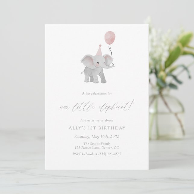 Pink Elephant First Birthday Invitation Watercolor (Standing Front)
