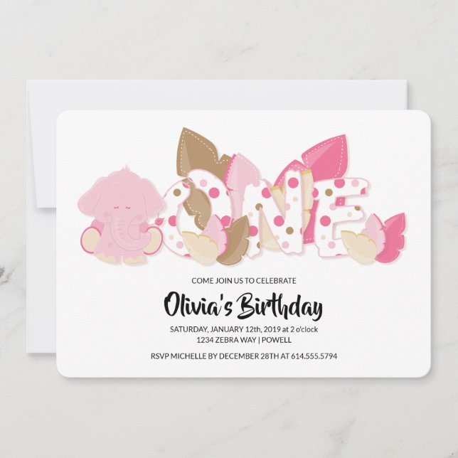 Pink Elephant First Birthday Party Invitation (Front)