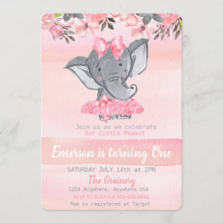 Pink Elephant First birthday, Peanut girls Invitation