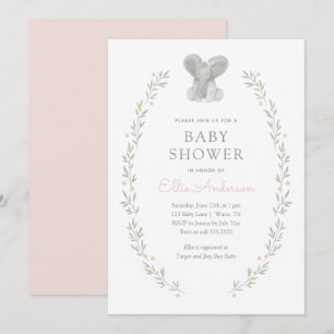 Pink Elephant Floral Greenery Girl Baby Shower Invitation