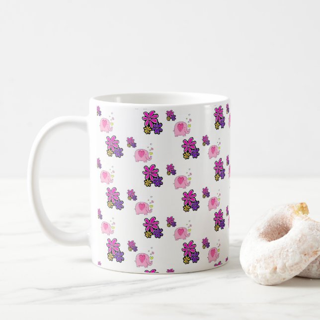 Pink Elephant Floral Mug (With Donut)