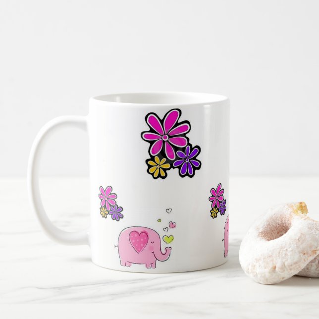 Pink Elephant Floral Mug (With Donut)