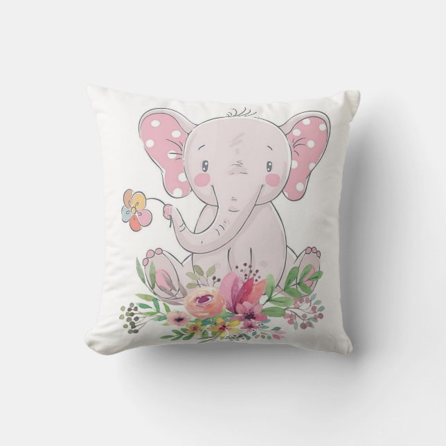 Pink Elephant Floral Throw Pillow  (Front)