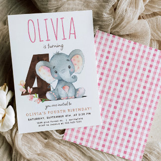 Pink Elephant Fourth Birthday Invitation