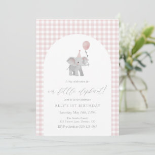 Pink Elephant Gingham 1st Birthday Watercolor Invitation