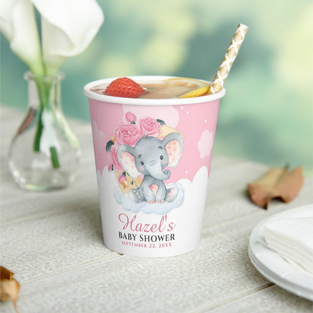 Pink Elephant Girl Baby Shower Birthday Paper Cups (Insitu)