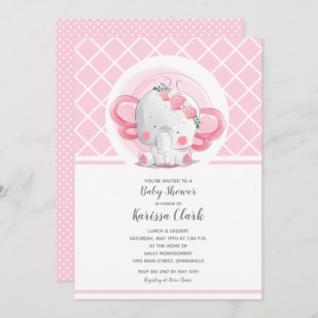 Pink Elephant Girl Baby Shower Invitation (Front/Back)