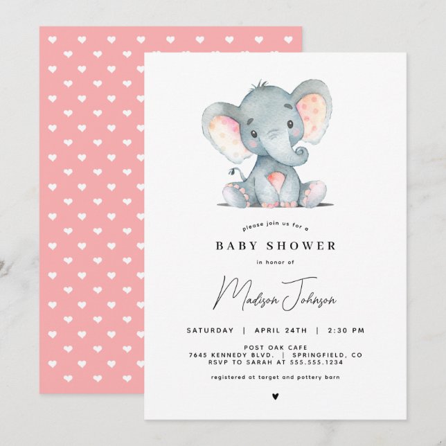Pink Elephant Girl Baby Shower Invitation (Front/Back)