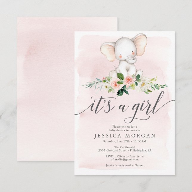 Pink Elephant Girl Baby Shower Invitation Card (Front/Back)