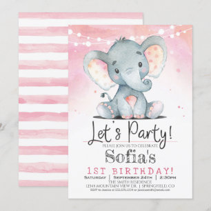 Pink Elephant Girl Birthday Party Invitation