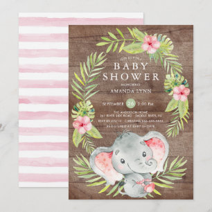 Pink Elephant Girl Rustic Baby Shower Invitation