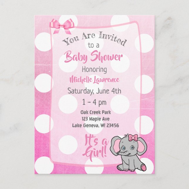 Pink Elephant Girl's Baby Shower Invite Postcard (Front)