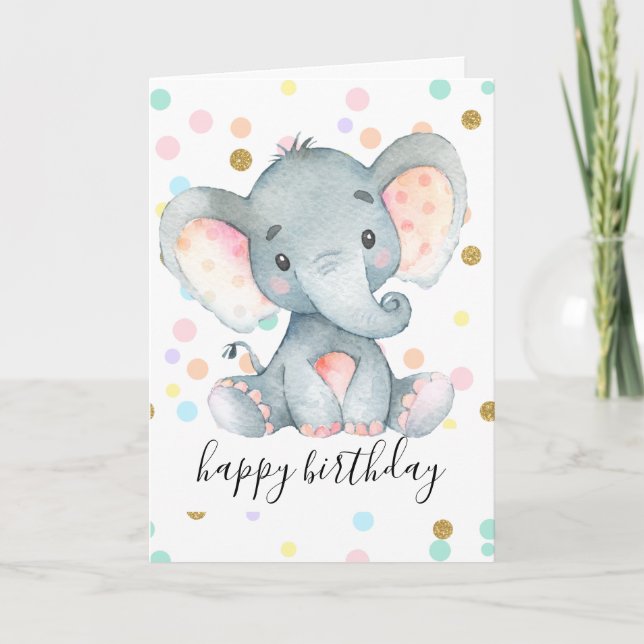 Pink Elephant Girls Birthday Polka Dot Glitter Fun Card (Front)