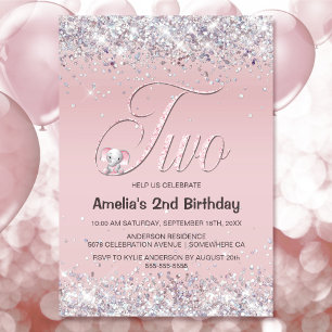 Pink Elephant Glitter 2nd Birthday Party Invitation