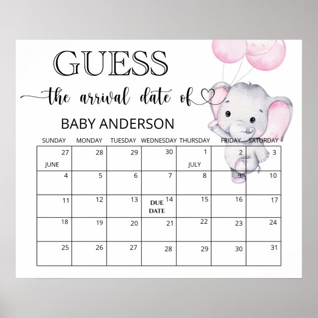 Pink Elephant Guess Due Date Calendar Poster (Front)