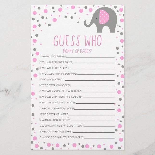 Pink Elephant Guess Who Baby Shower Game Stationery (Front)